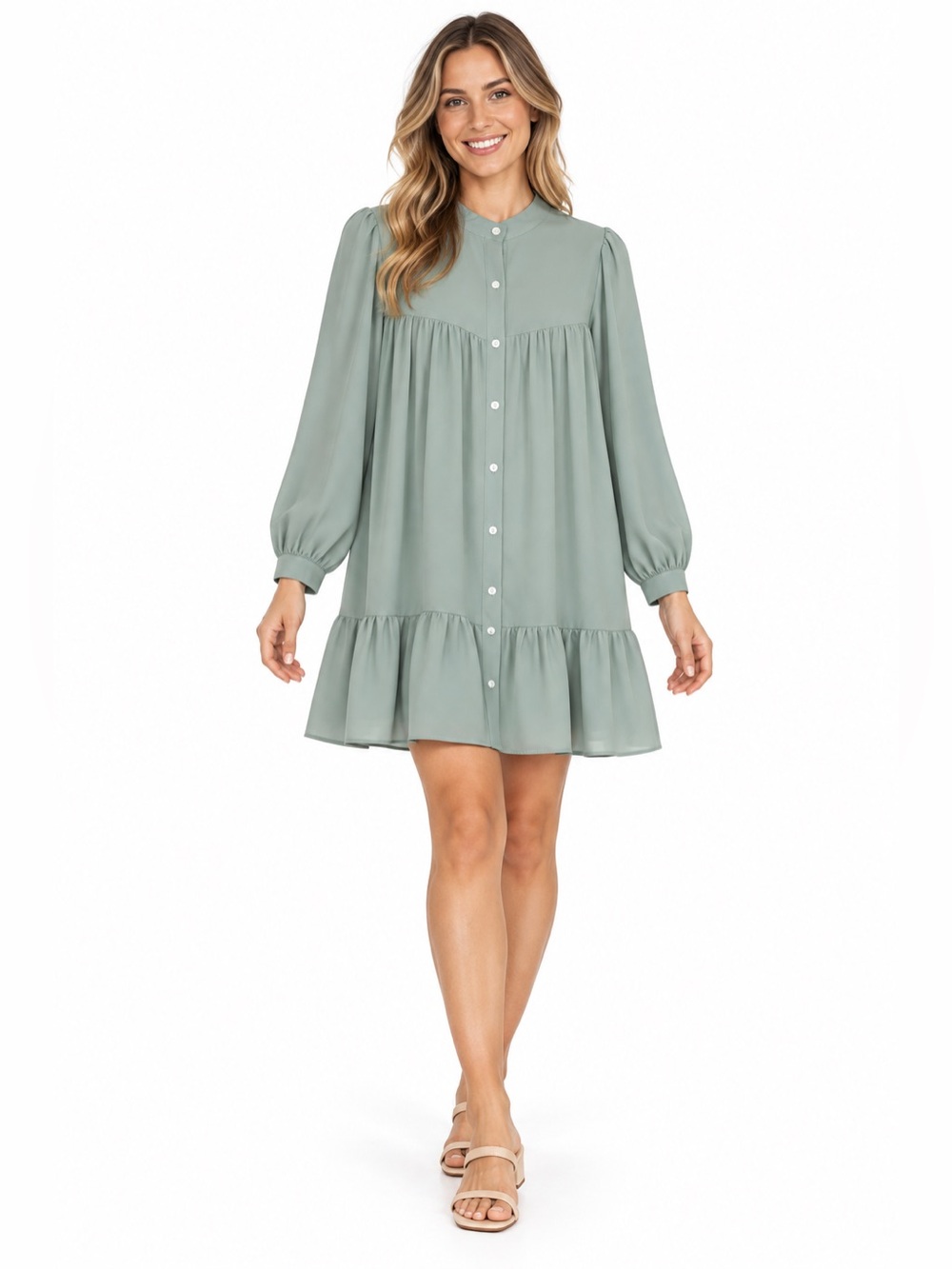 C+D+M Women’s Sage Green Button Front Ruffle Hem Long Sleeve Dress M